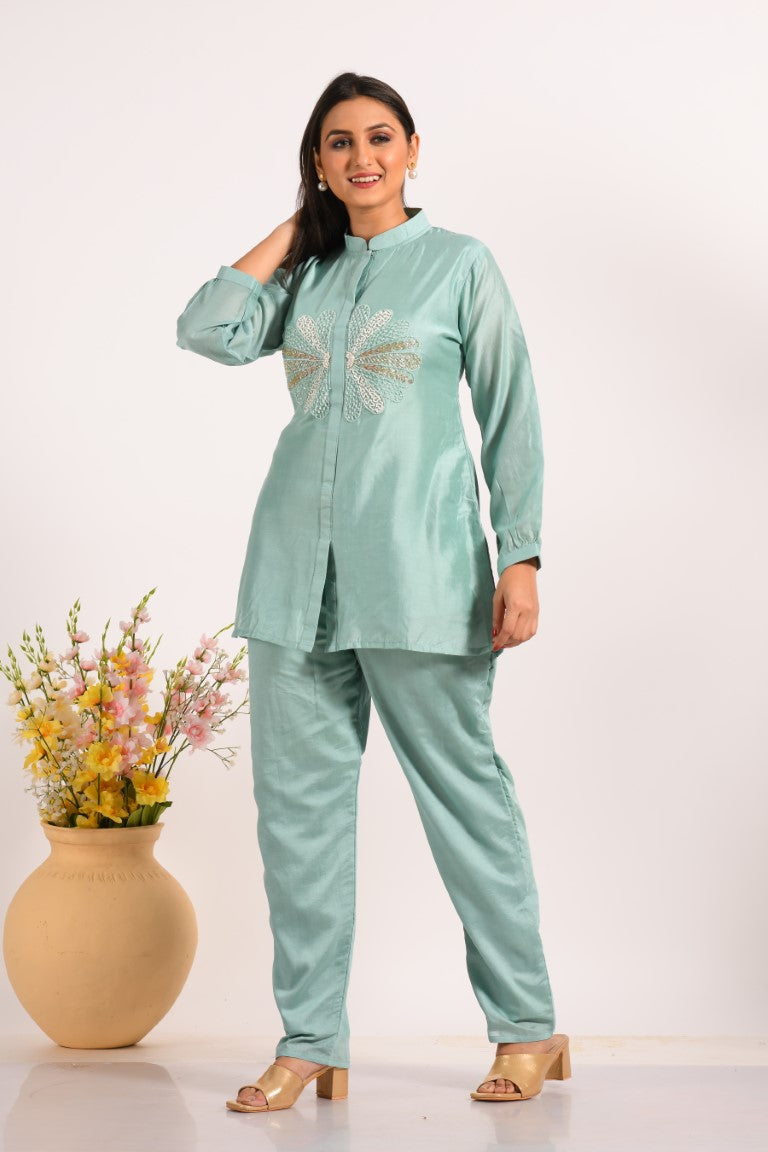 Morchari Co Ord Set With Hand Embroidery - Sky Blue 