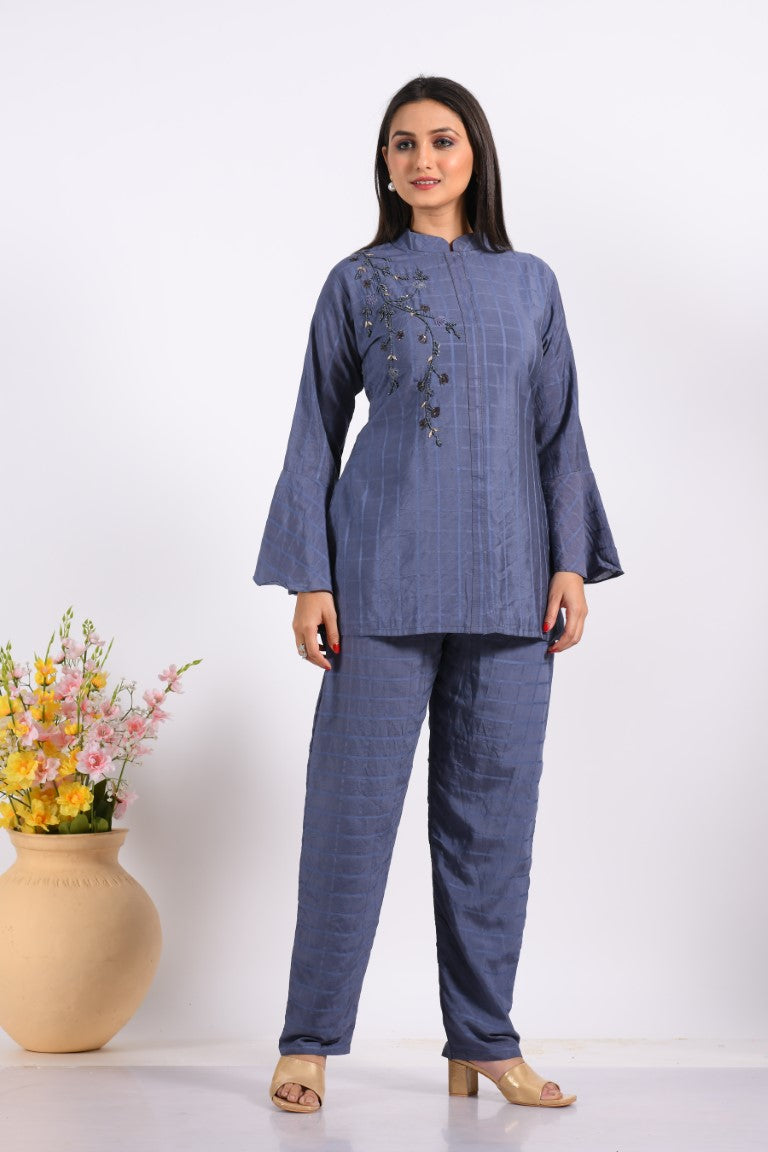 Morchari Co Ord Set With Hand Embroidery - Blue 