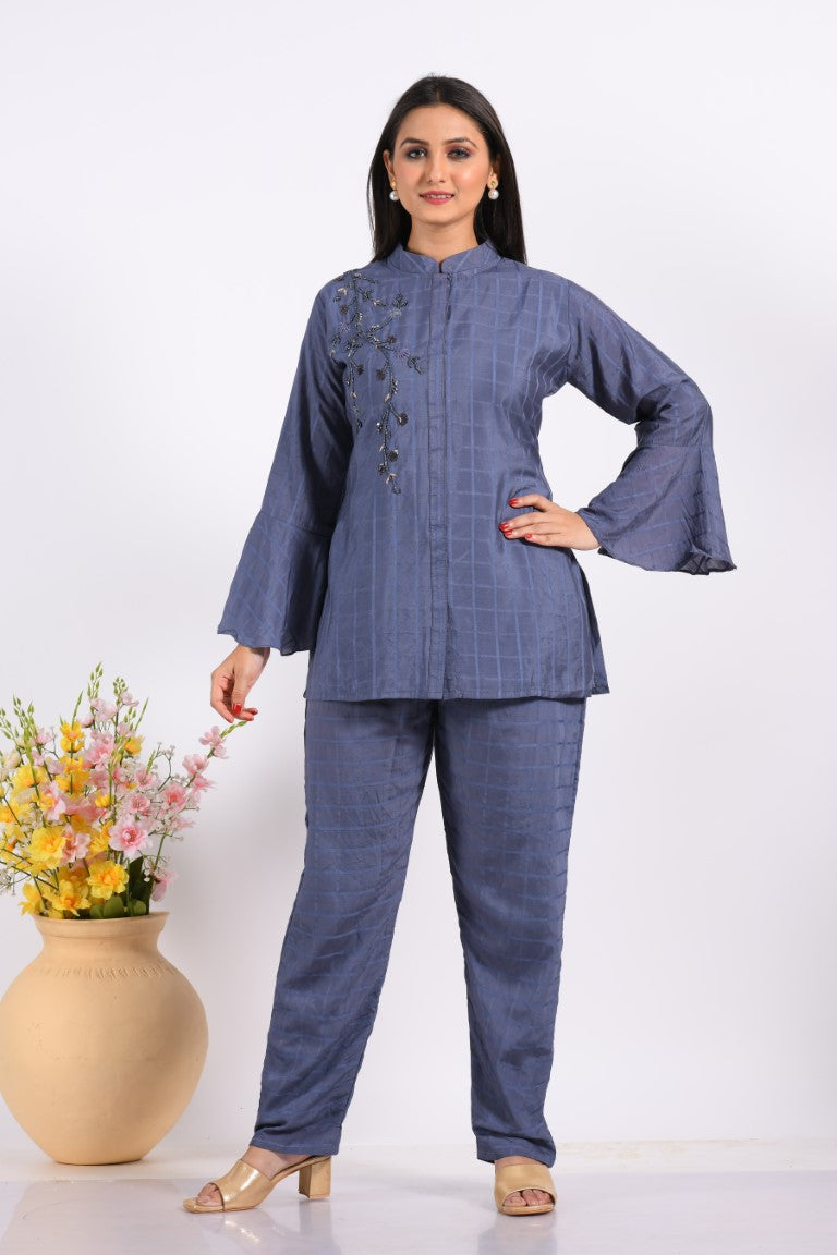 Morchari Co Ord Set With Hand Embroidery - Blue 
