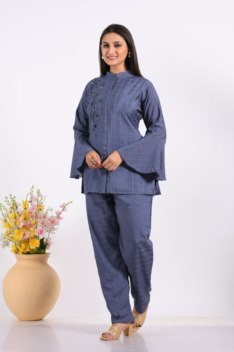 Morchari Co Ord Set With Hand Embroidery - Blue 