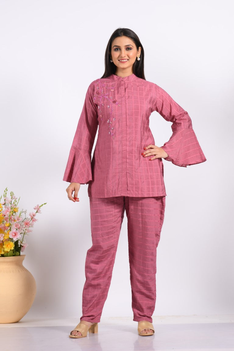 Morchari Co Ord Set With Hand Embroidery - Peach 