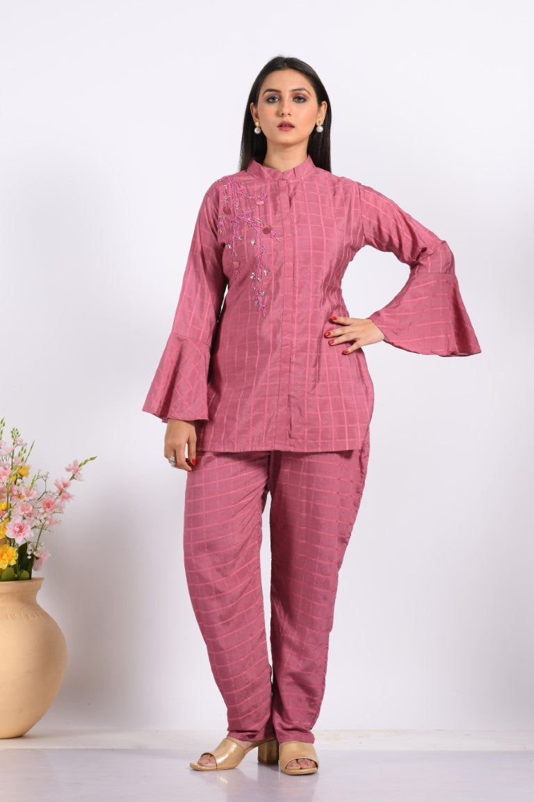 Morchari Co Ord Set With Hand Embroidery - Peach 