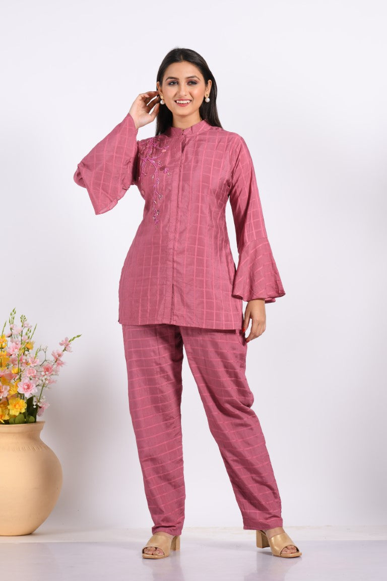 Morchari Co Ord Set With Hand Embroidery - Peach 