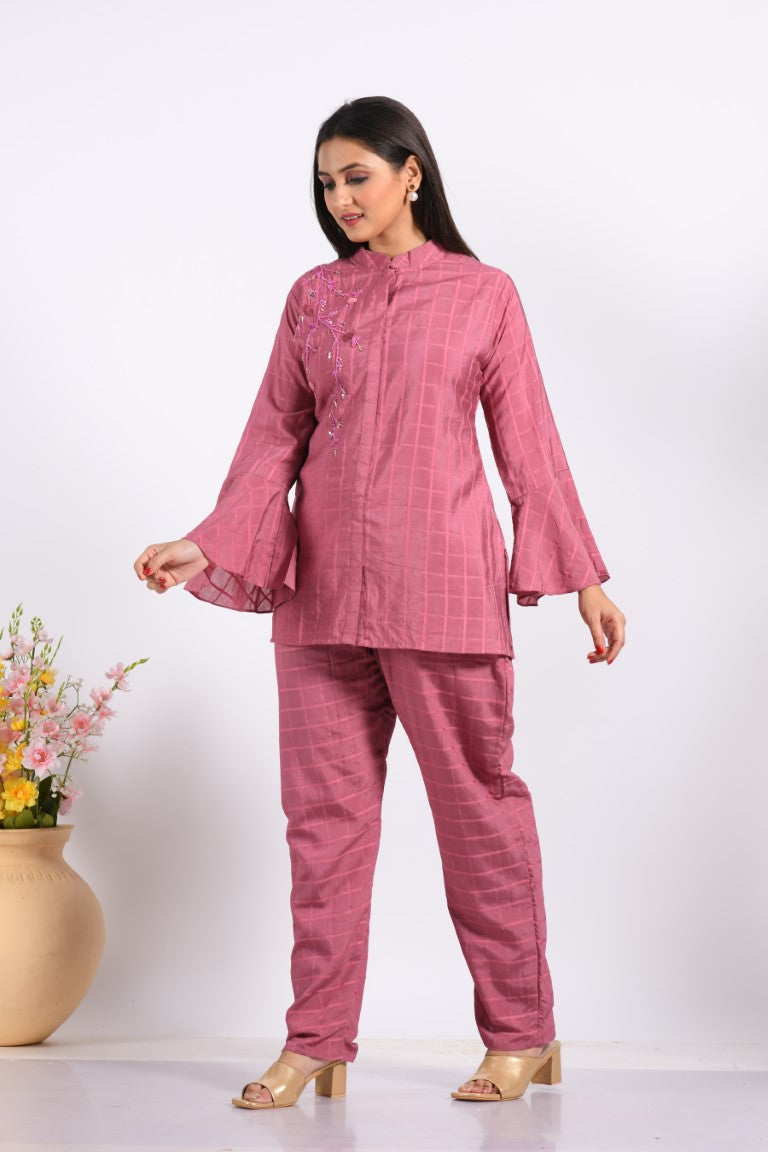 Morchari Co Ord Set With Hand Embroidery - Peach 