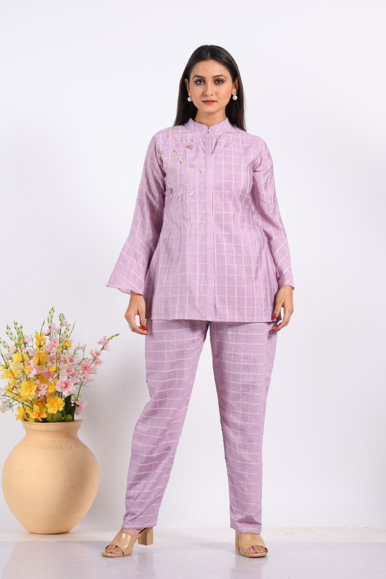 Morchari Co Ord Set With Hand Embroidery - Light Purple 