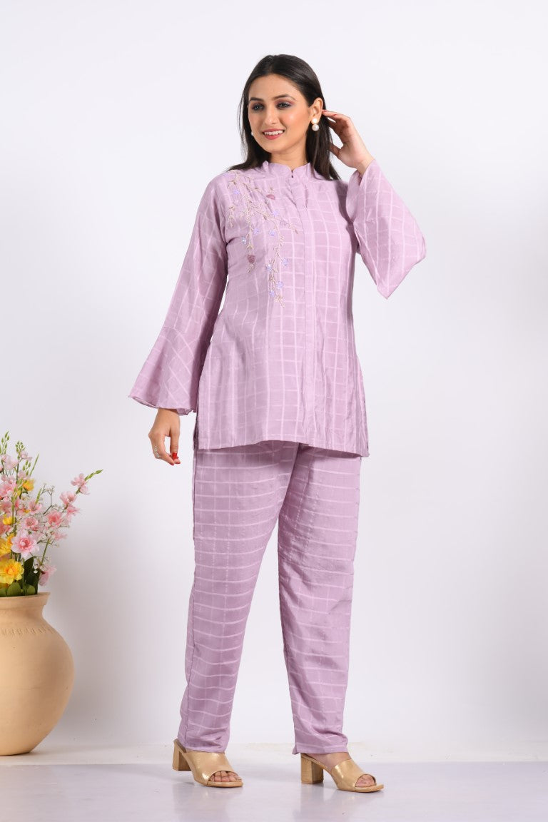 Morchari Co Ord Set With Hand Embroidery - Light Purple 