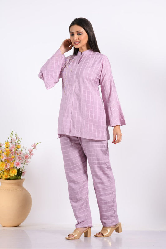 Morchari Co Ord Set With Hand Embroidery - Light Purple 