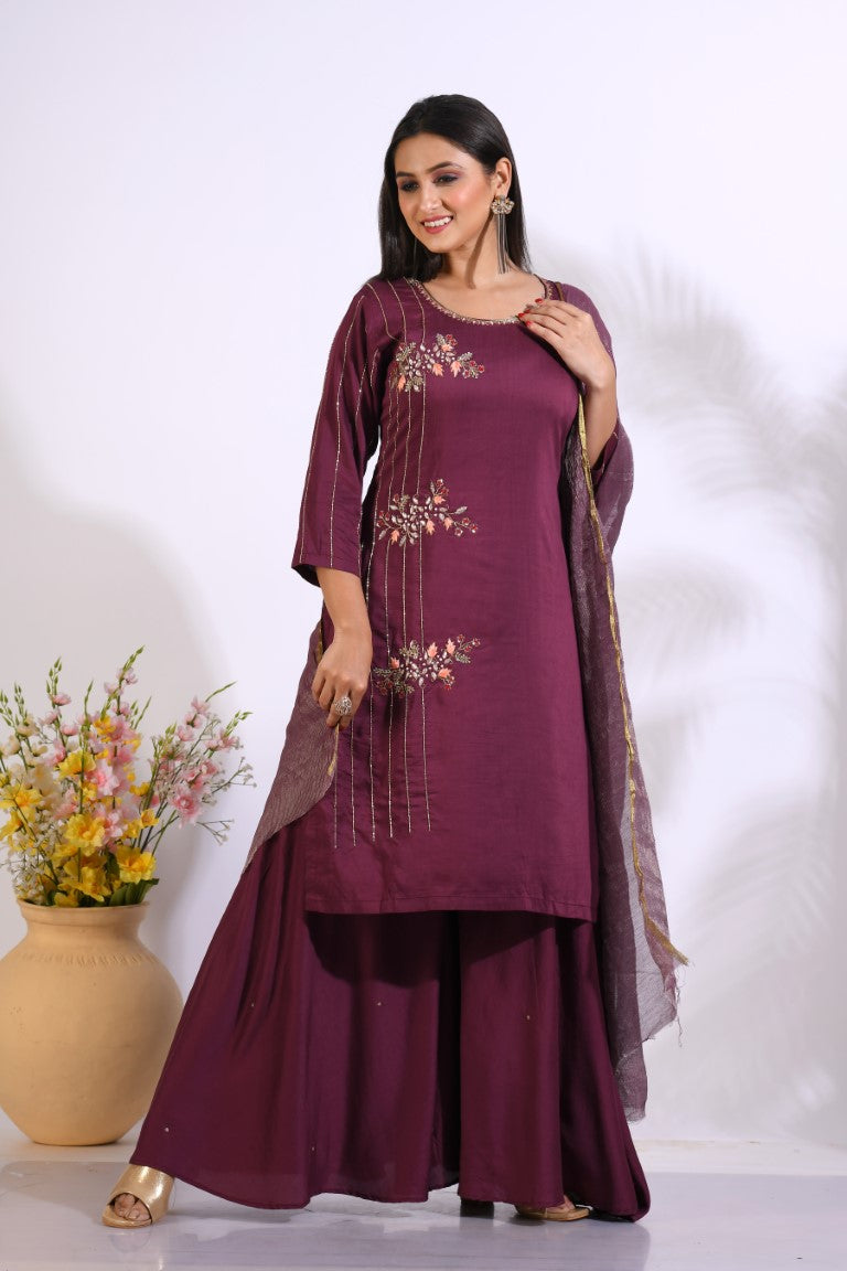 Morchari Palazzo With Long Pant & Dupatta With Hand Embroidery - Maroon | Grab2Buy