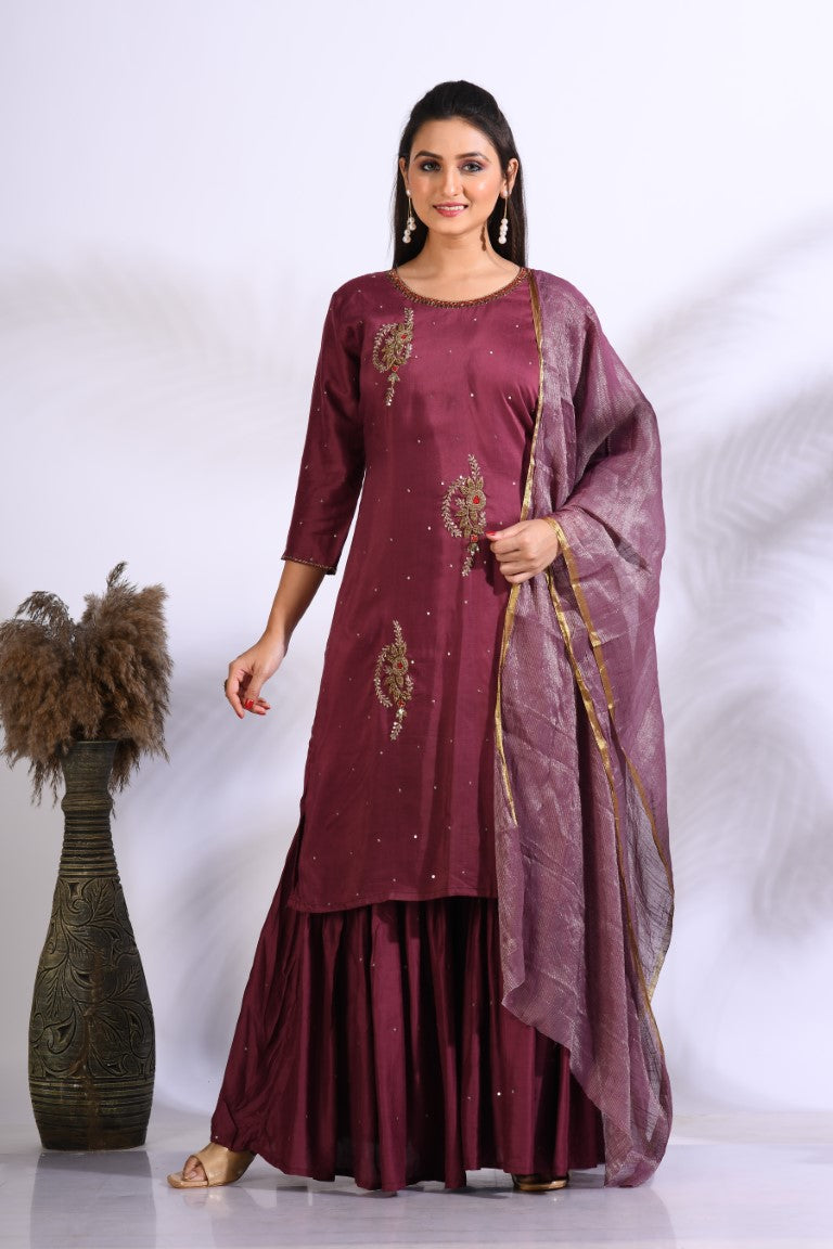 Morchari Sharara With Pant & Dupatta With Hand Embroidery - Maroon