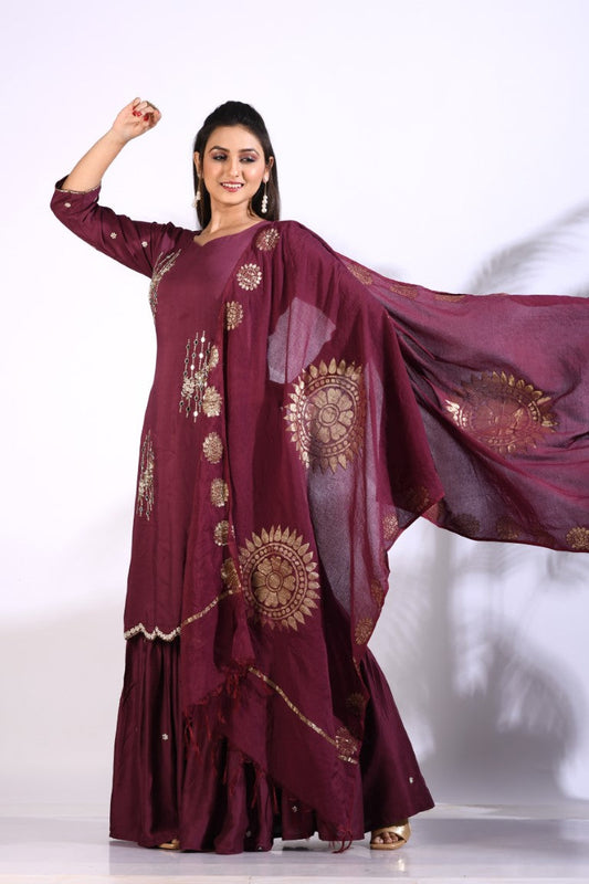 Morchari Sharara With Pant & Dupatta With Hand Embroidery - Maroon