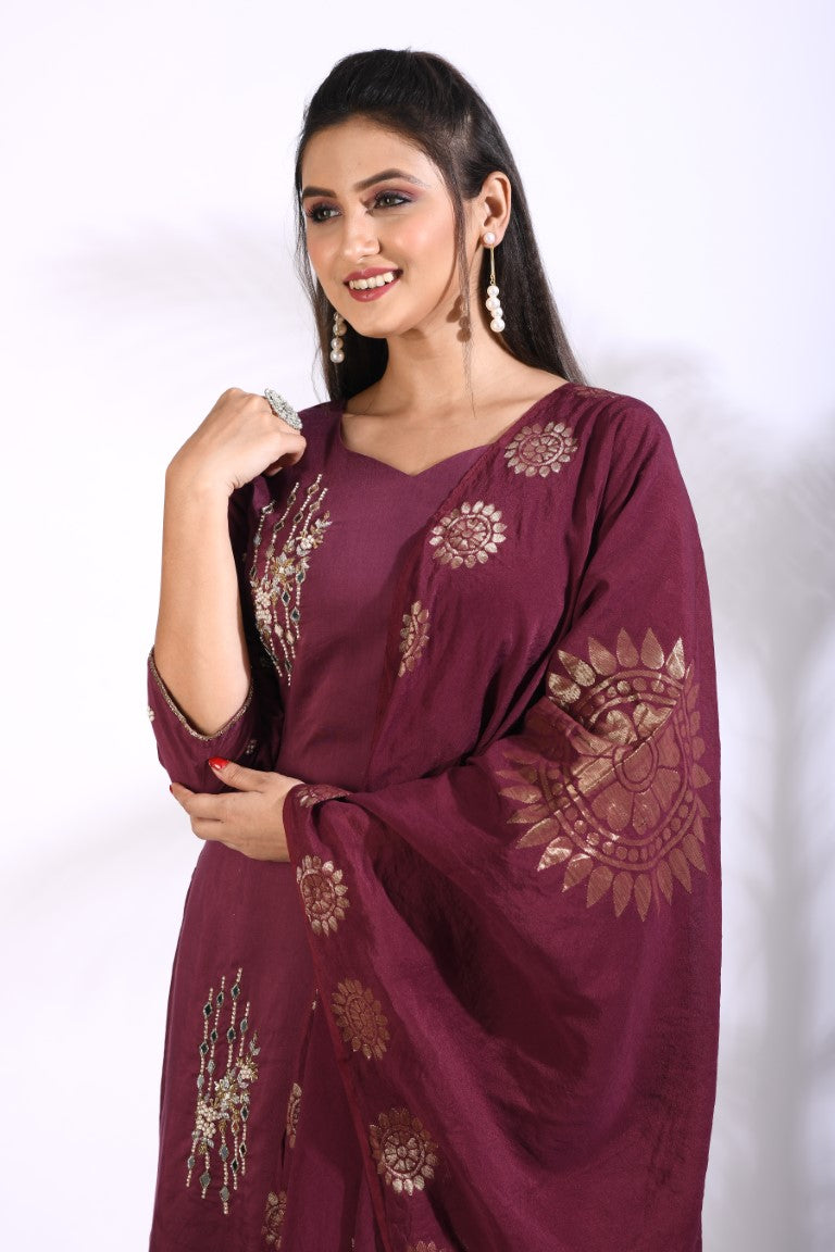 Morchari Sharara With Pant & Dupatta With Hand Embroidery - Maroon