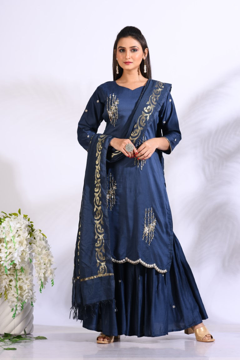 Morchari Sharara With Pant & Dupatta With Hand Embroidery - Blue