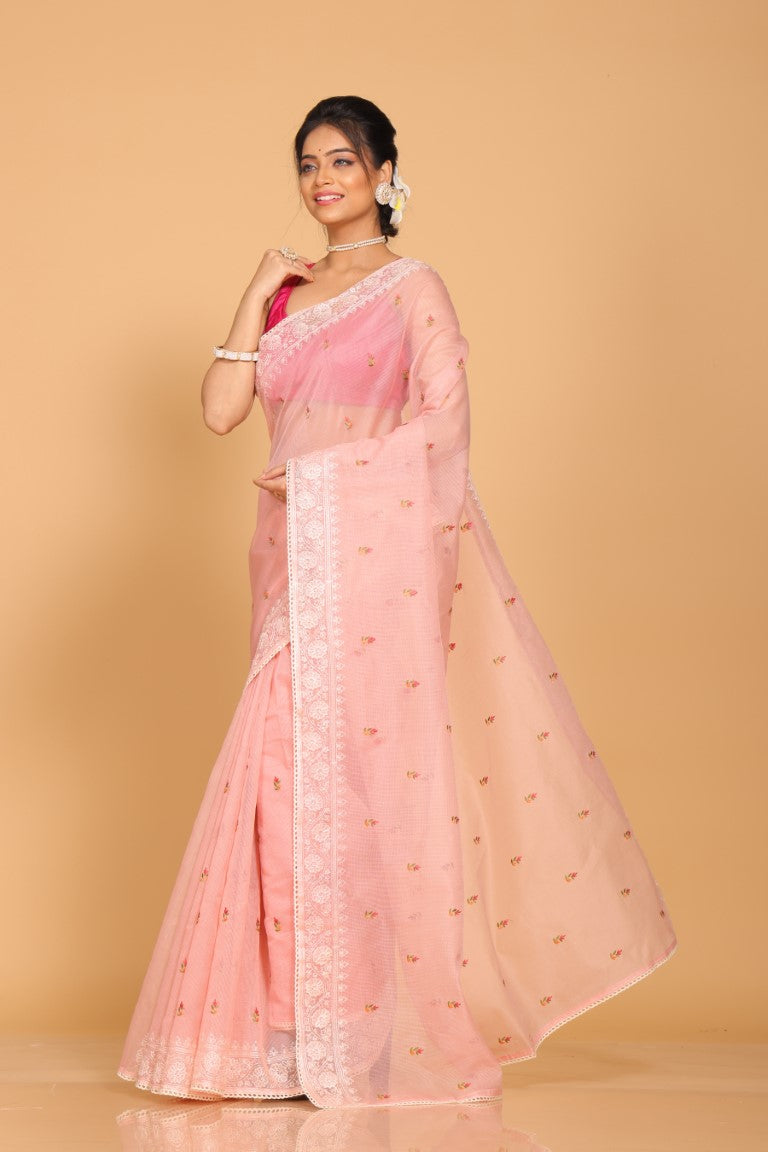Morchari Cotton Supernet Embroiedery Saree - Peach