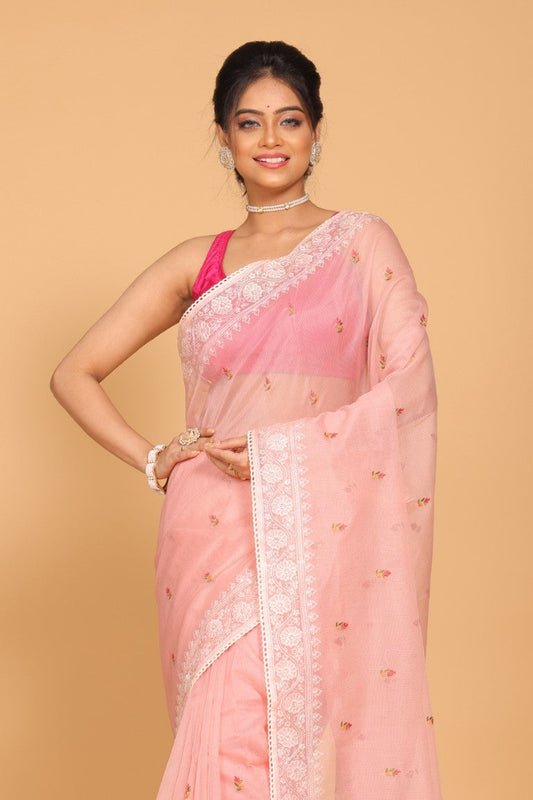 Morchari Cotton Supernet Embroiedery Saree - Peach
