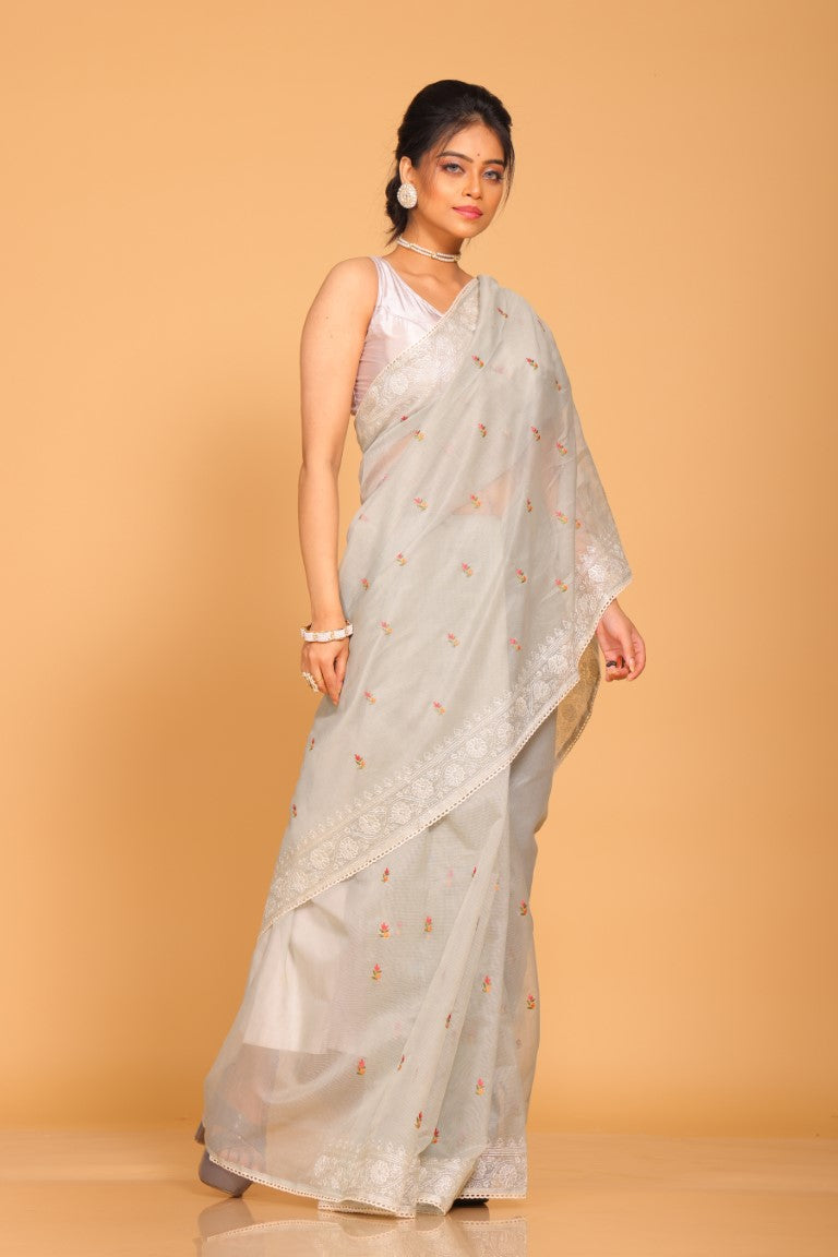Morchari Cotton Supernet Embroiedery Saree - Grey
