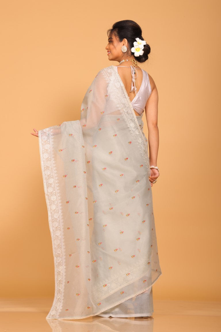 Morchari Cotton Supernet Embroiedery Saree - Grey