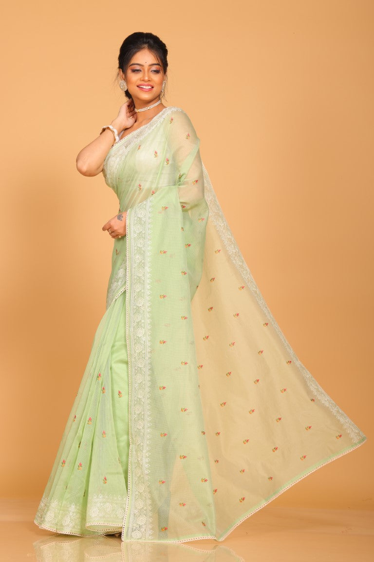 Morchari Cotton Supernet Embroiedery Saree - Green