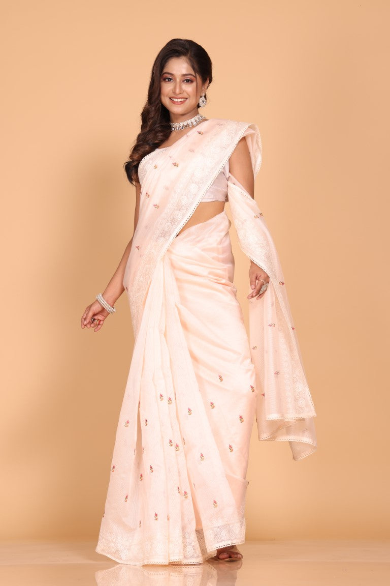 Morchari Cotton Supernet Embroiedery Saree - Light Peach