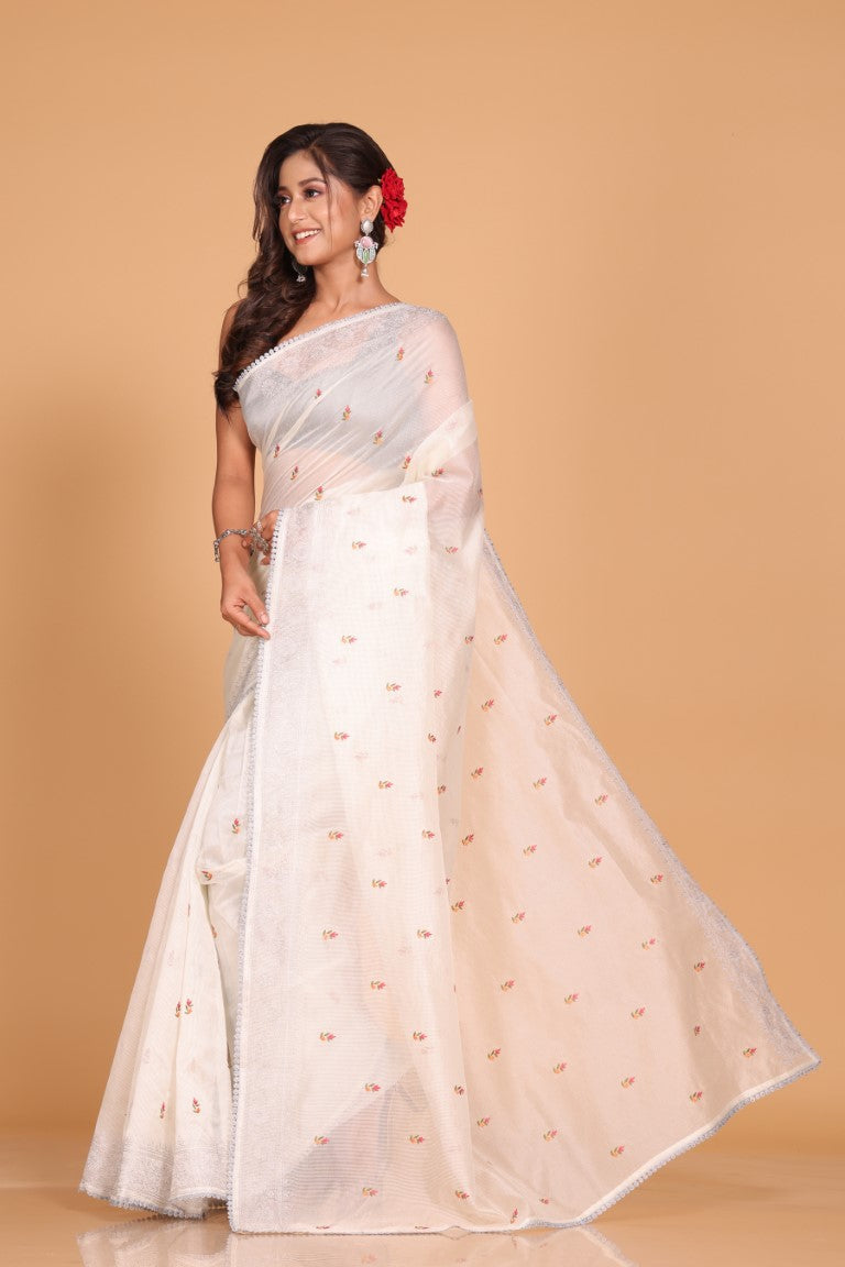 Morchari Cotton Supernet Embroiedery Saree - Off White