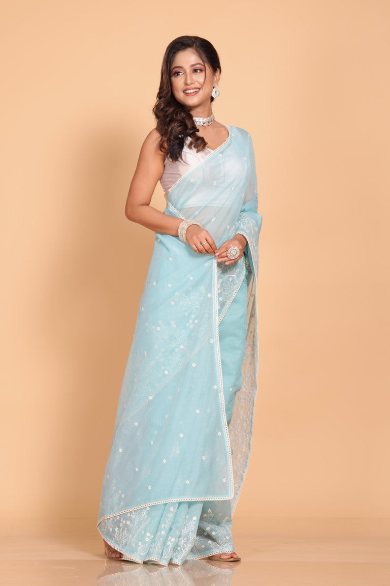 Morchari Cotton Supernet Embroiedery Saree - Sky Blue