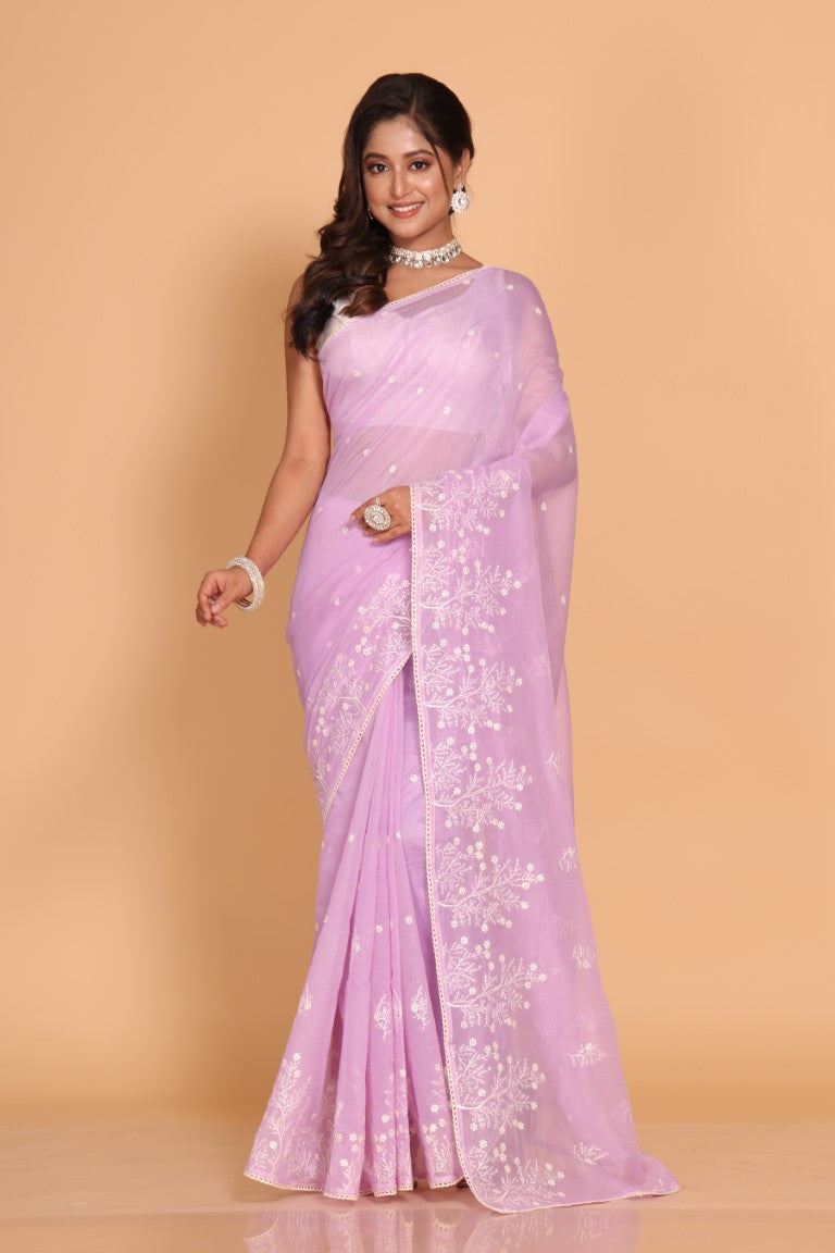Morchari Cotton Supernet Embroiedery Saree - Purple