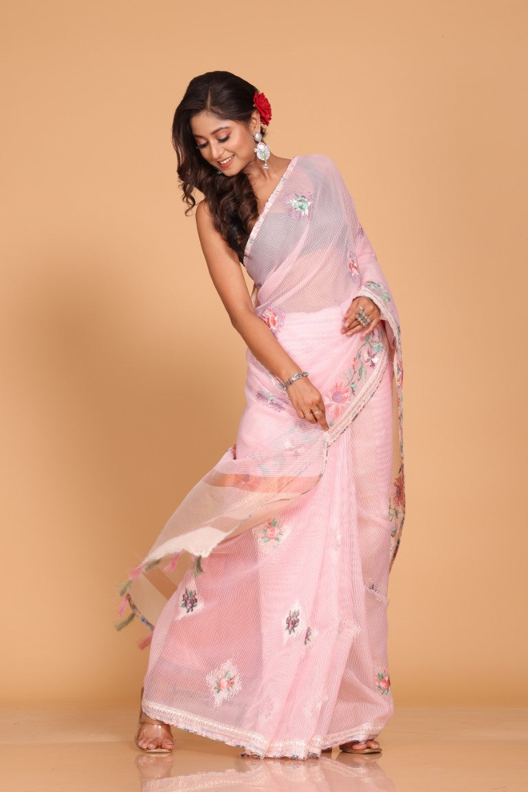 Morchari Cotton Kota Stripe Embroidery Saree - Pink
