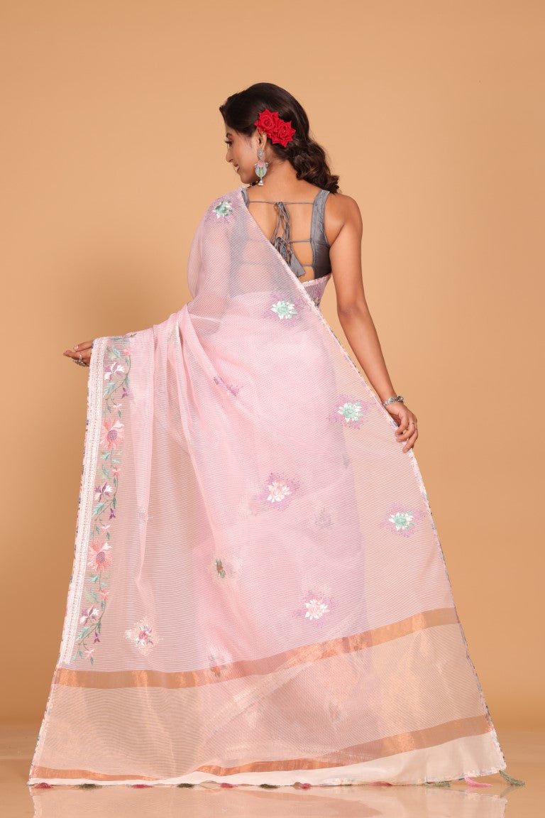 Morchari Cotton Kota Stripe Embroidery Saree - Pink