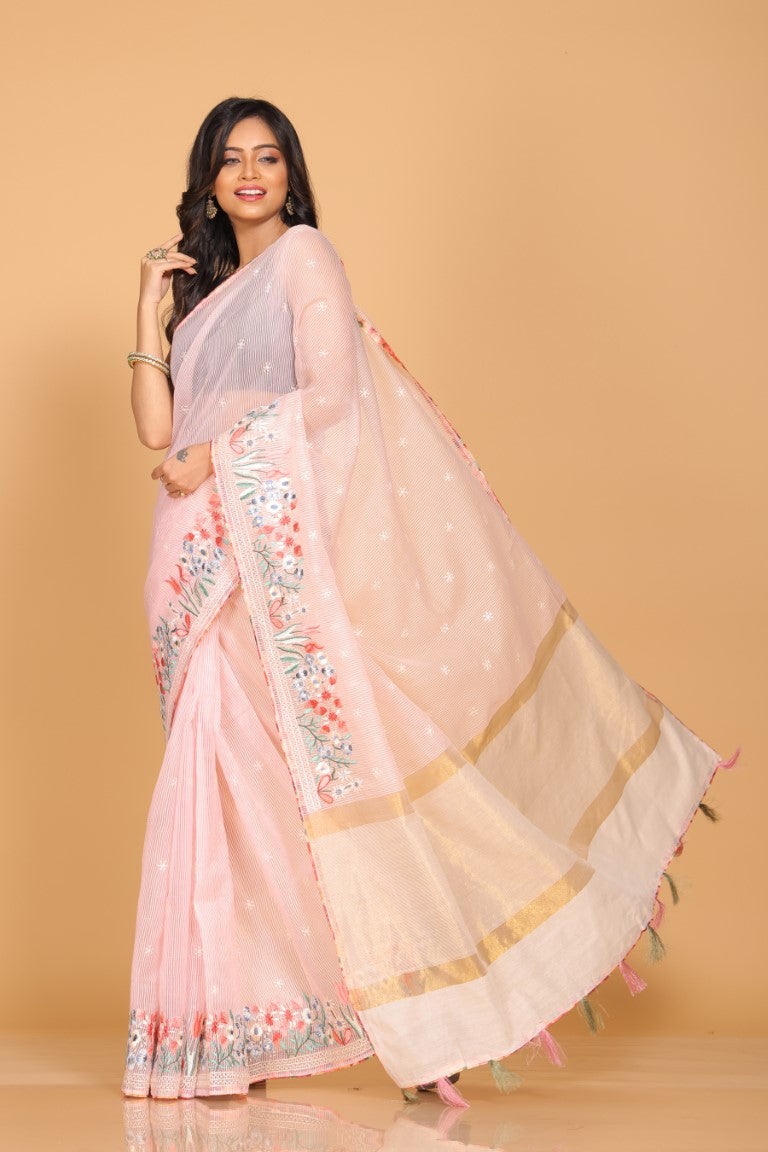 Morchari Cotton Kota Stripe Embroidery Saree - Pink