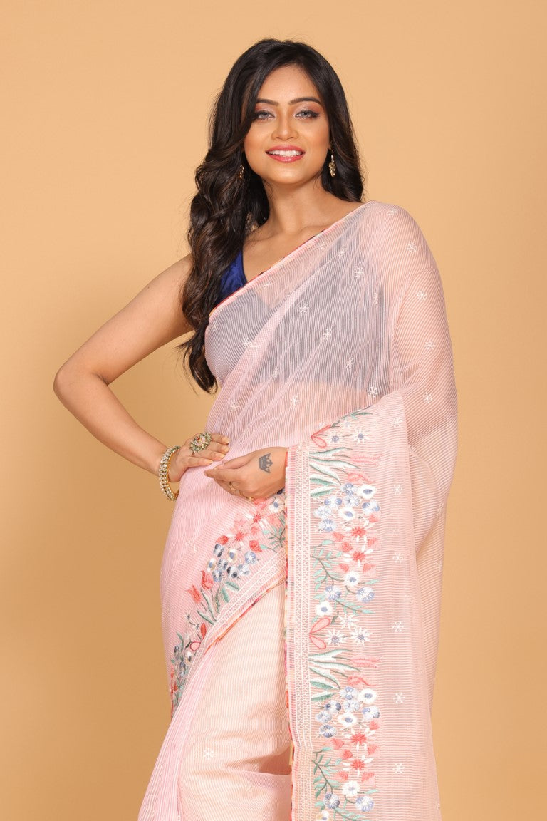 Morchari Cotton Kota Stripe Embroidery Saree - Pink