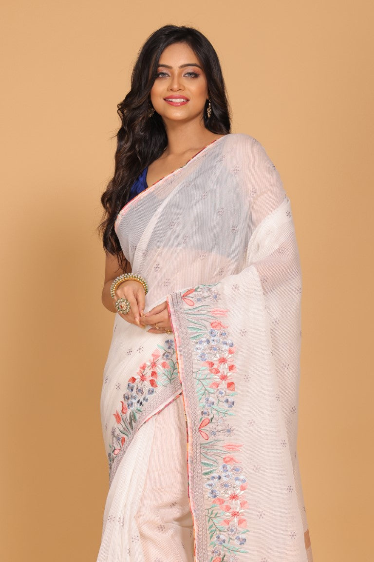 Morchari Cotton Kota Stripe Embroidery Saree - White