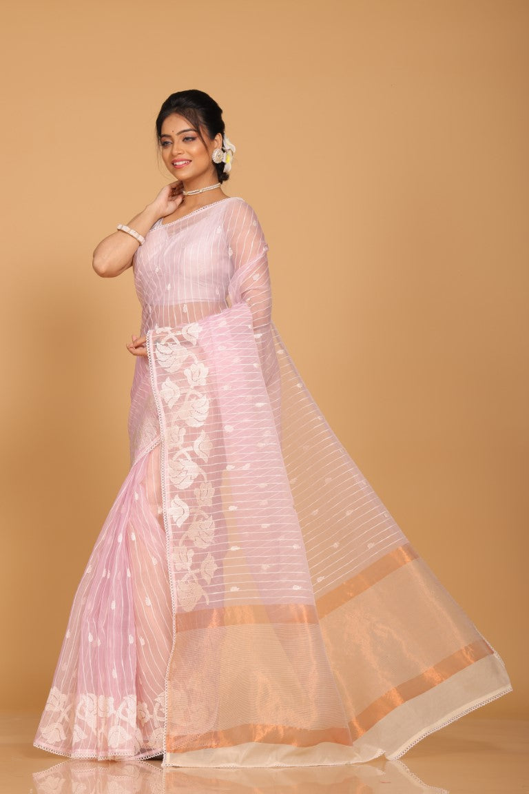 Morchari Orzanga Stripe Embroidery Saree - Light Pink