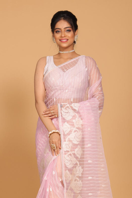 Morchari Orzanga Stripe Embroidery Saree - Light Pink
