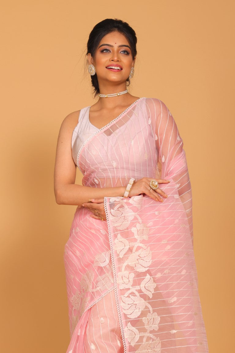 Morchari Orzanga Stripe Embroidery Saree - Pink