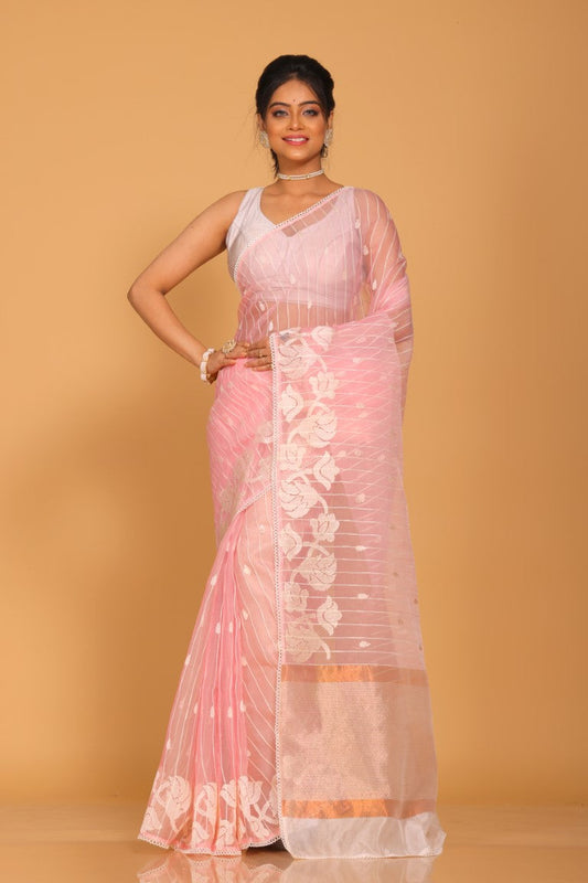 Morchari Orzanga Stripe Embroidery Saree - Pink