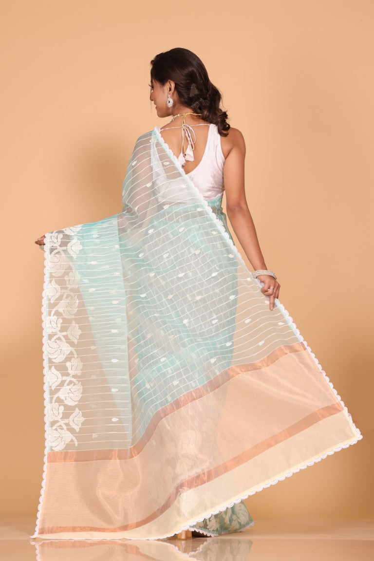 Morchari Orzanga Stripe Embroidery Saree - Sky Blue