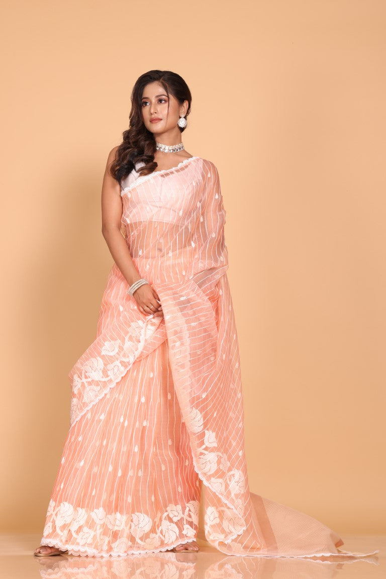 Morchari Orzanga Stripe Embroidery Saree - Peach