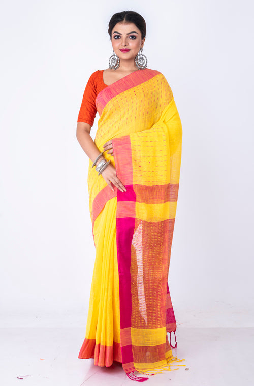 Morchari Bengal Handloom Cotton Linen Saree - Multicolor