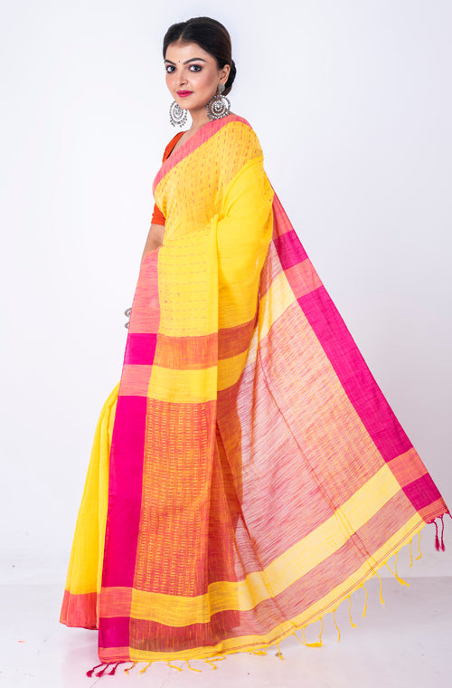 Morchari Bengal Handloom Cotton Linen Saree - Multicolor