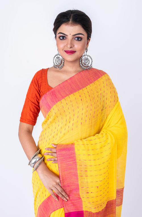 Morchari Bengal Handloom Cotton Linen Saree - Multicolor