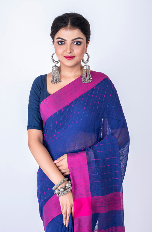 Morchari Bengal Handloom Cotton Linen Saree - Multicolor