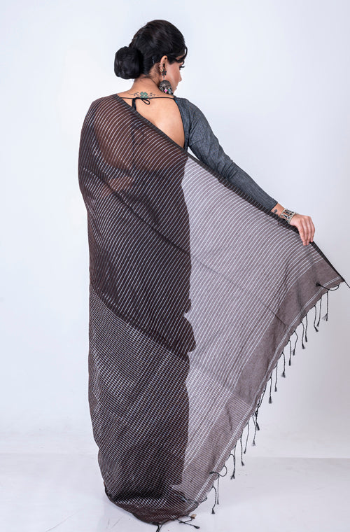 Morchari Bengal Handloom Cotton Zari Check Saree - Brown