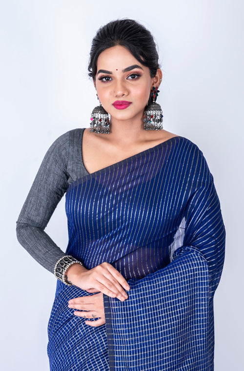 Morchari Bengal Handloom Cotton Zari Check Saree - Navy Blue