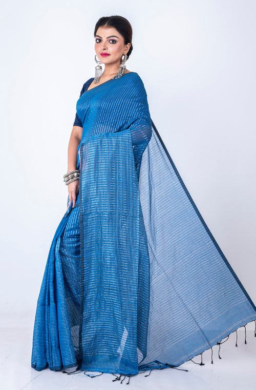 Morchari Bengal Handloom Cotton Zari Check Saree - Blue