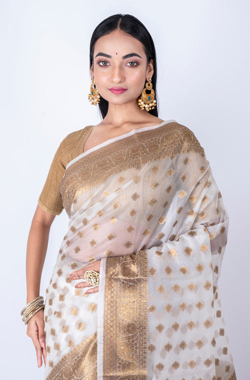 Morchari Baranasi All Over Zari Work Saree - White