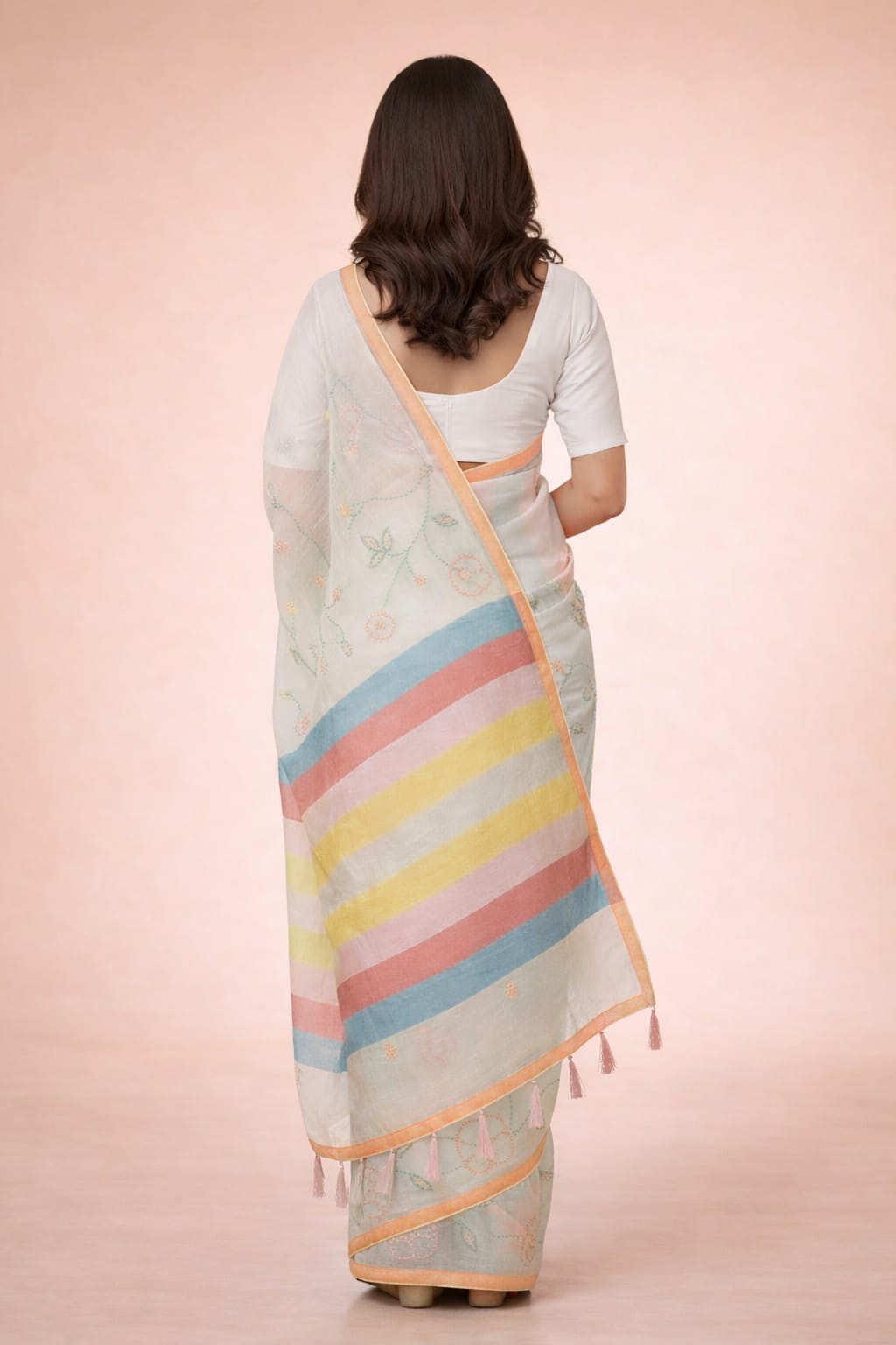 Morchari Mal Chanderi All Over kantha Work With Unstitched Blouse