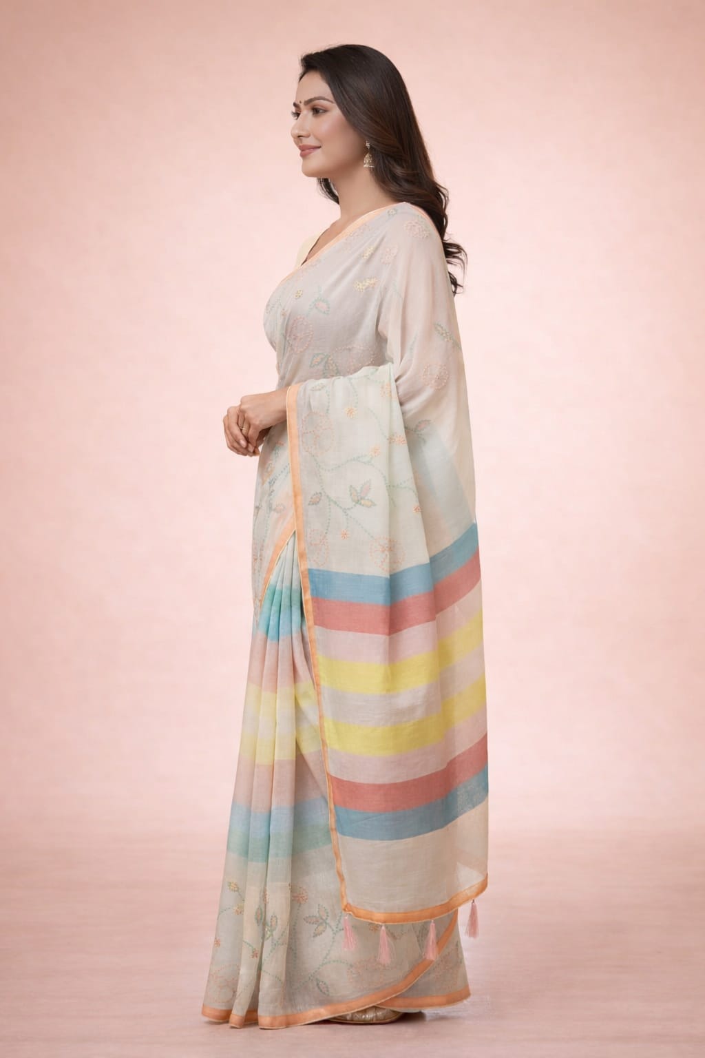 Morchari Mal Chanderi All Over kantha Work With Unstitched Blouse