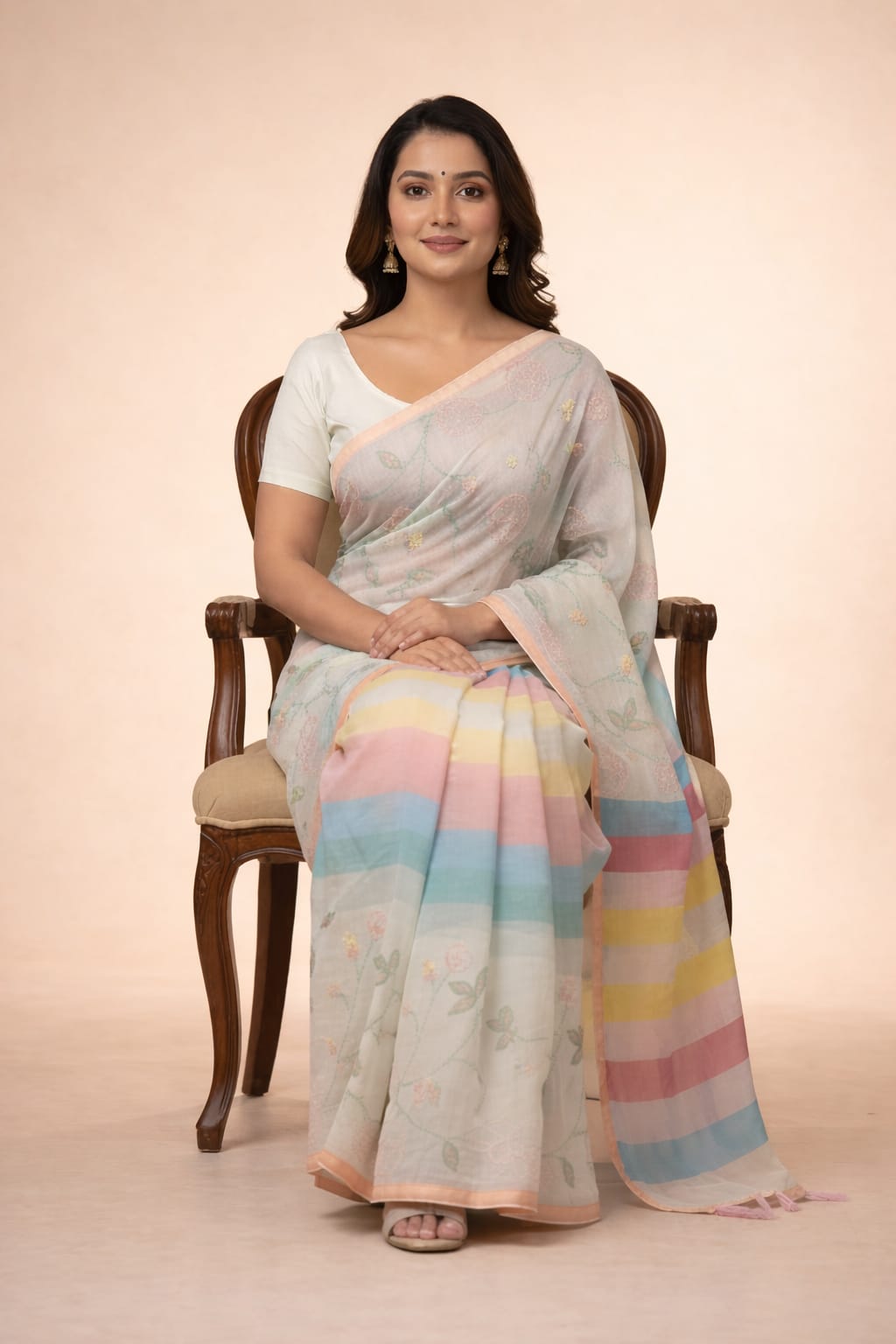 Morchari Mal Chanderi All Over kantha Work With Unstitched Blouse