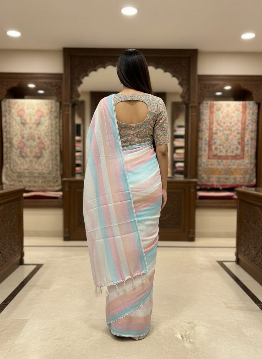 Morchari Multicolour saree with heavy unstitched blouse piece