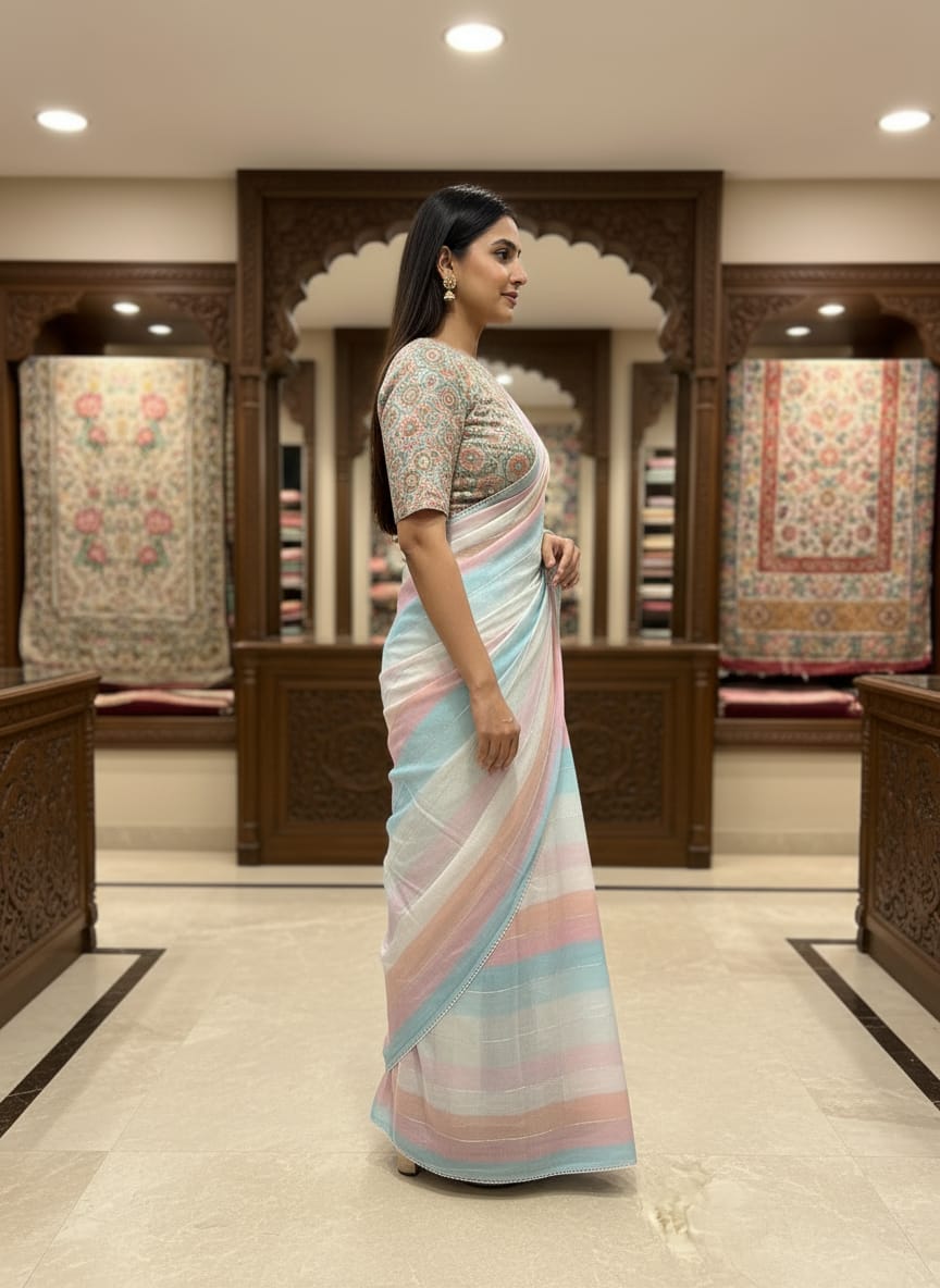 Morchari Multicolour saree with heavy unstitched blouse piece