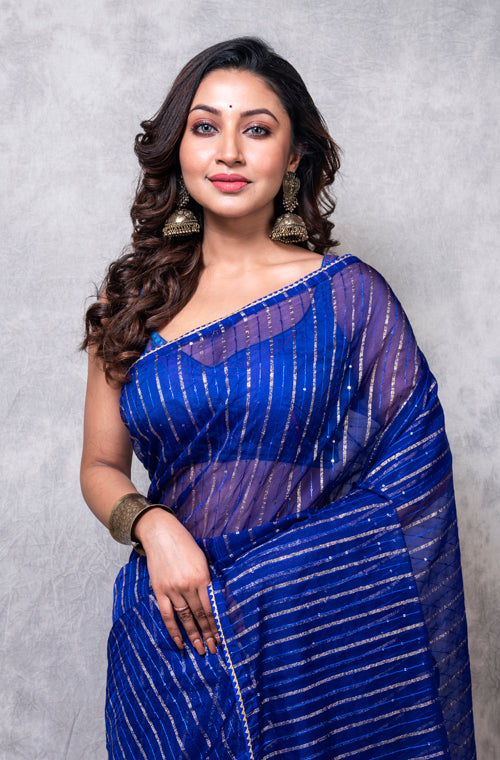 Morchari Organza Saree With Plain Blouse - Navy Blue